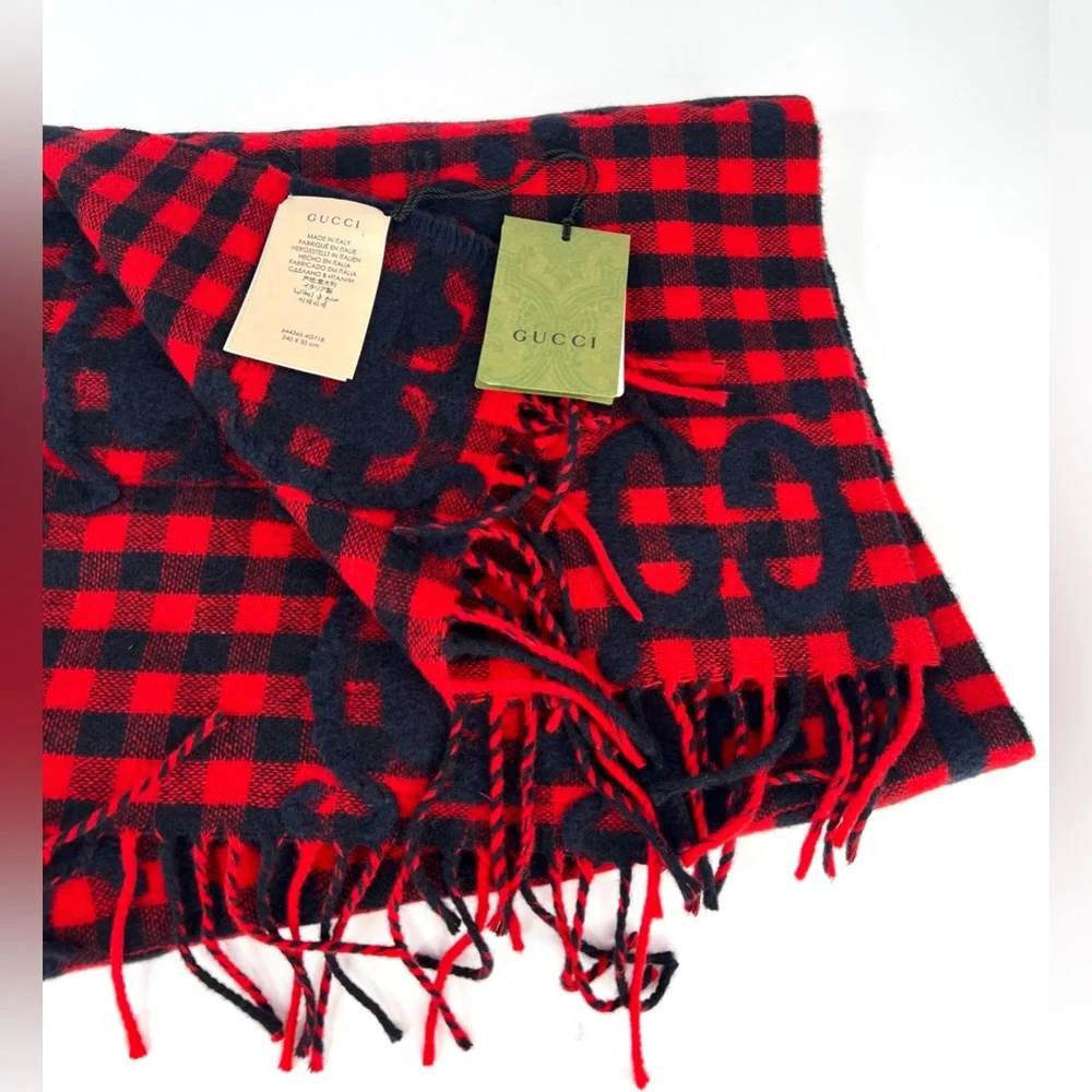Gucci 644365 Red Blue Wool Jacquard Check GG Diamcheck Logo UNISEX Fringe Scarf - Picture 10 of 12